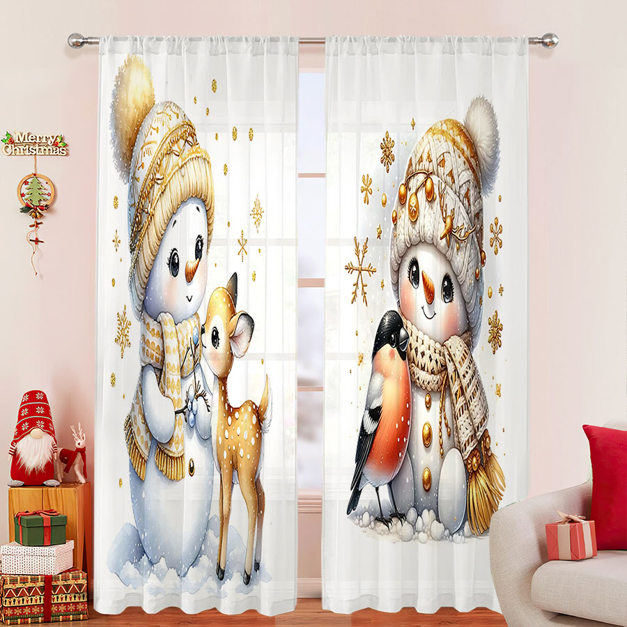 Curtain Sheer Voile - 2枚組デジタルプリントシアーカーテン、かわいい雪だるま動物、クリスマス冬の漫画柄 - 寝室やリビングルームの装飾用ボイルカーテン
