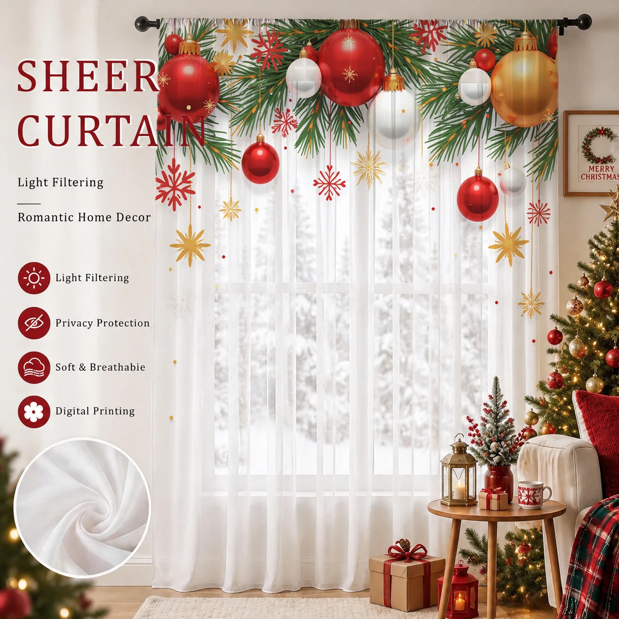 Curtain Sheer Voile - クリスマスデーグラデーションシアーカーテン、高品質遮光プライバシーボイル、リビング/寝室/子供部屋用、母の日ギフト