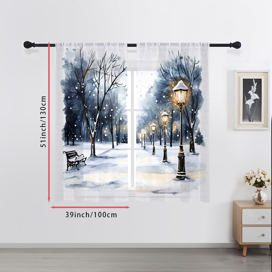 Curtain Sheer Voile - 2枚組シアーカーテン 冬の雪景色 街灯 ベンチ 水彩プリント、寝室 リビングルーム