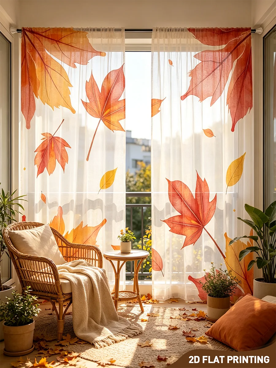 Curtain Sheer Voile - 2枚組デジタルプリントシアーカーテン、四辺レッドメープル柄、秋の季節限定 - 寝室やリビングルームの装飾用ボイルカーテン