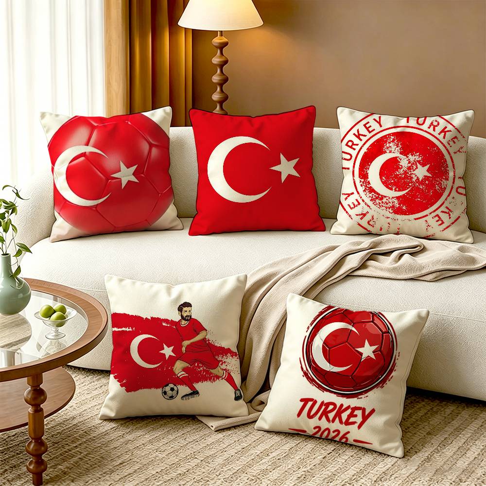 Home Textiles Turkey - トルコ国旗柄コットンリネン正方形枕カバー ホームデコレーションギフト