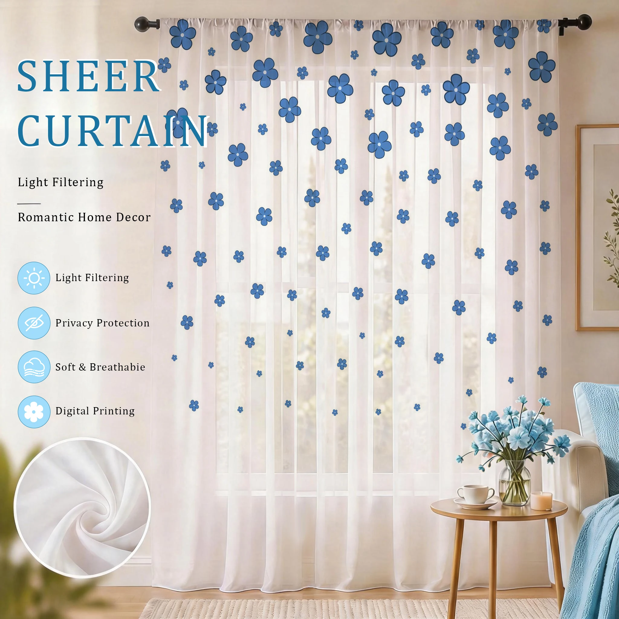 Curtain Sheer Voile - ライトブルーのモダンなグラデーションシアーカーテン、高品質遮光高級プライバシーボイル（リビング/寝室/子供部屋用）、ギフト