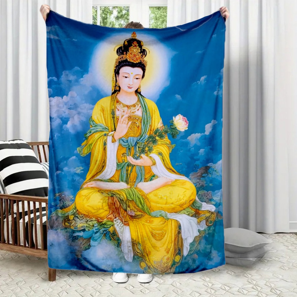 Home Textiles Images - 観音菩薩の絵柄がプリントされたフランネルブランケットは、オールシーズン対応で、リビングルーム、オフィス、ソファ、旅行に適しています。