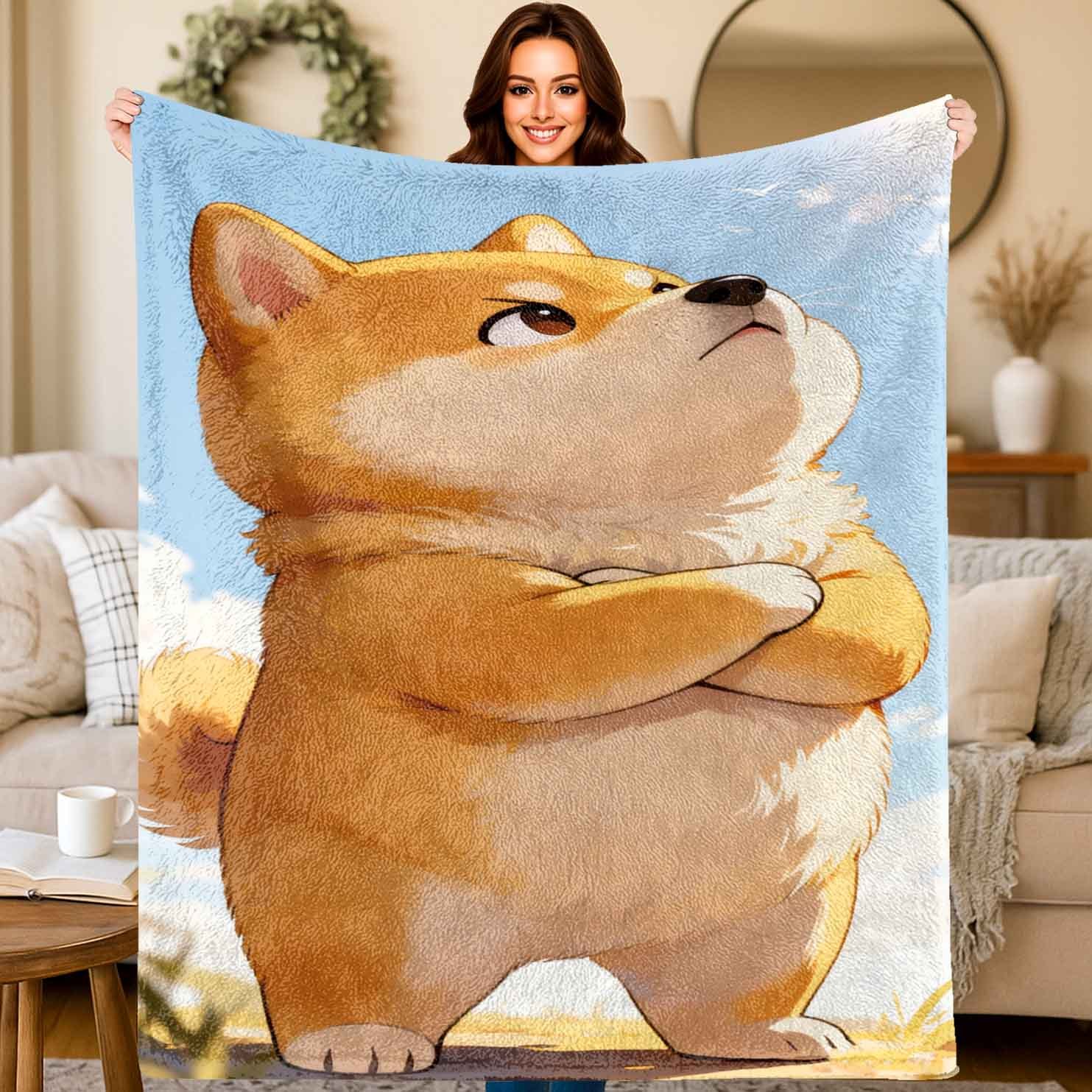 Home Textiles Images - 立っている犬の漫画のイメージ あらゆる季節に適したフランネルプリントのブランケット リビングルーム、オフィス、ソファ、旅行に適しています