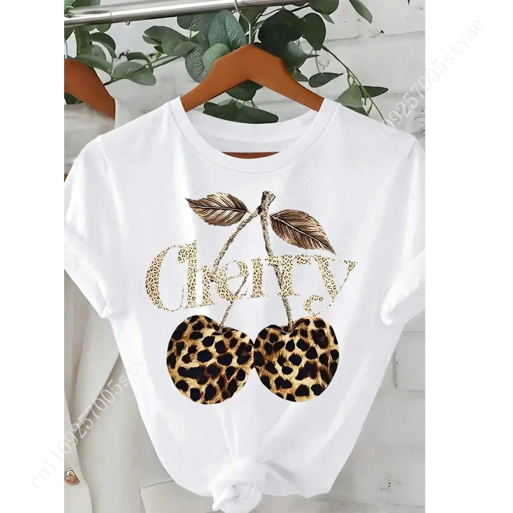 Quilt Cotton Summer - レディース チェリー＆ヒョウ柄ラウンドネックグラフィックTシャツ、ヴィンテージ風カジュアル半袖Tシャツ、普段着、レディースオールシー
