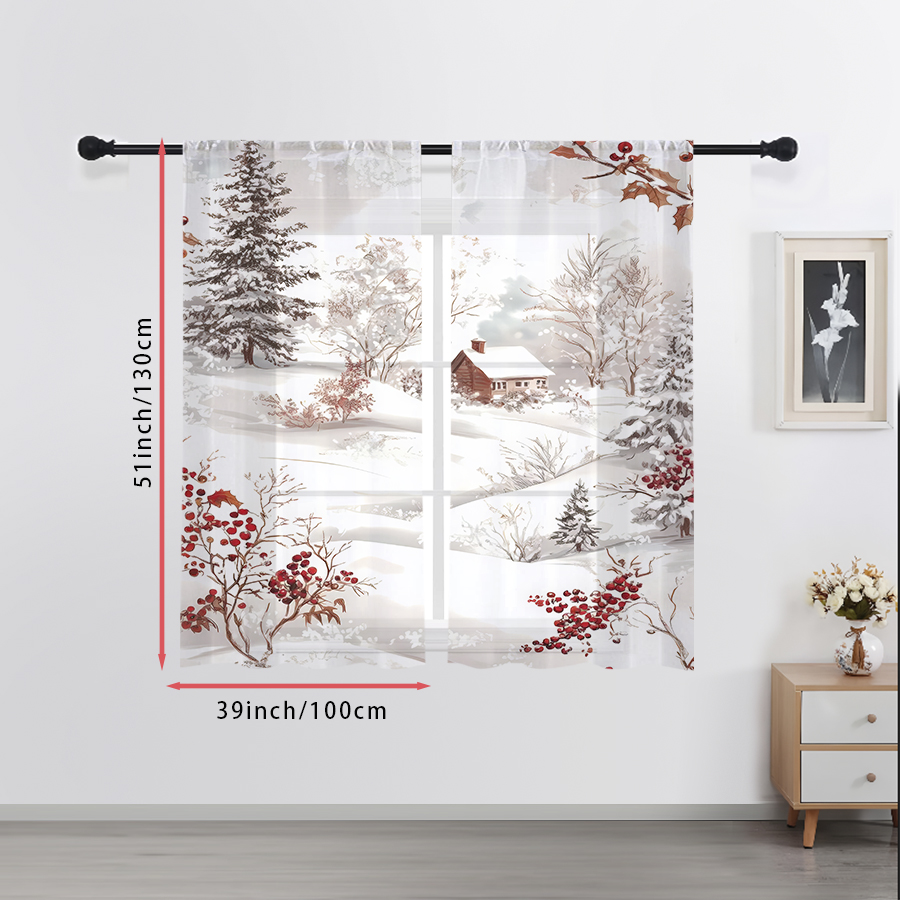 Curtain Sheer Voile - 2枚組シアーカーテン 冬の雪の村 レッドベリーパインツリープリント、寝室やリビングルームのクリスマス装飾用ウィンドウボイルパネル