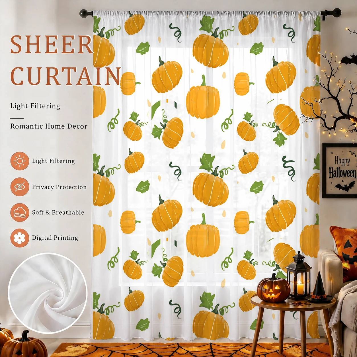 Curtain Sheer Voile - ハロウィン用シアーカーテン ロッドポケット付き ハロウィンギフト プライバシー保護 光を遮るボイルウィンドードレープ リビング