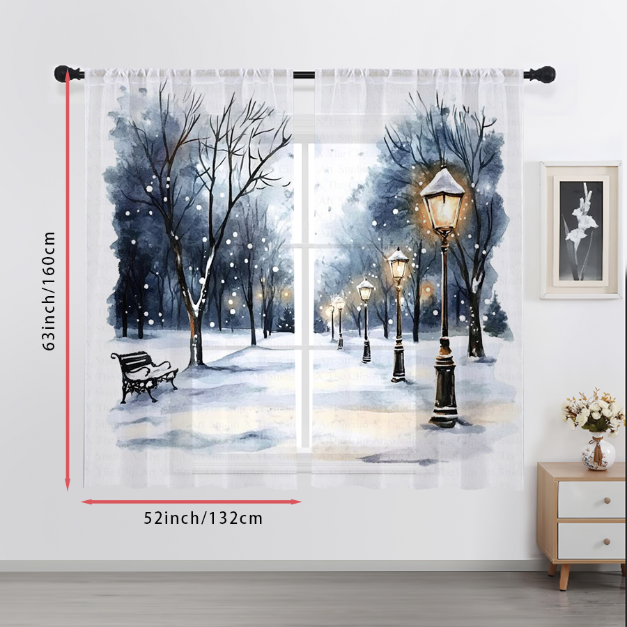 2枚組シアーカーテン 冬の雪景色 街灯 ベンチ 水彩プリント - Curtain Sheer Voile のレビューと価格