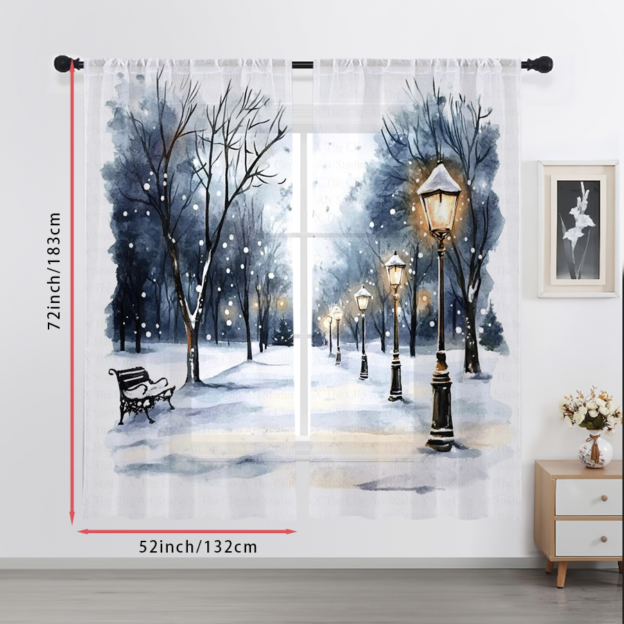 2枚組シアーカーテン 冬の雪景色 街灯 ベンチ 水彩プリント - Curtain Sheer Voile のレビューと価格