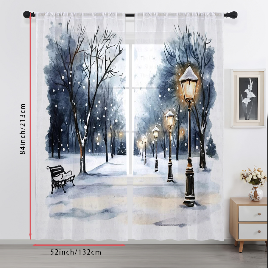 2枚組シアーカーテン 冬の雪景色 街灯 ベンチ 水彩プリント - Curtain Sheer Voile のレビューと価格