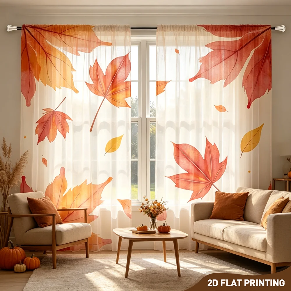 2枚組デジタルプリントシアーカーテン、四辺レッドメープル柄、 - Curtain Sheer Voile のレビューと価格