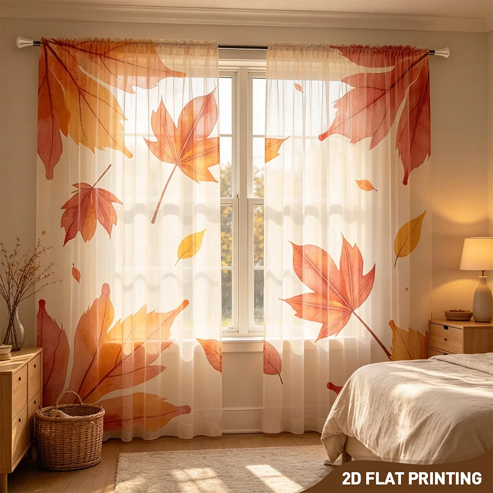 2枚組デジタルプリントシアーカーテン、四辺レッドメープル柄、 - Curtain Sheer Voile のレビューと価格