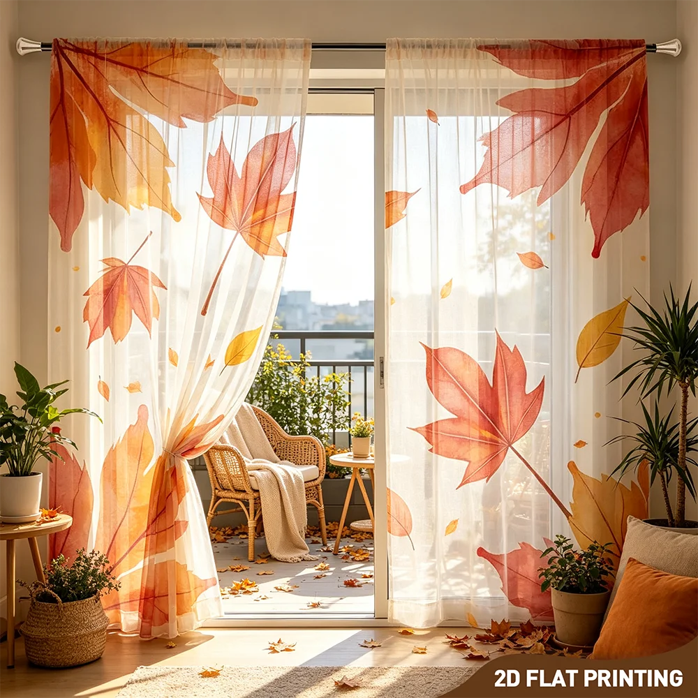 2枚組デジタルプリントシアーカーテン、四辺レッドメープル柄、 - Curtain Sheer Voile のレビューと価格