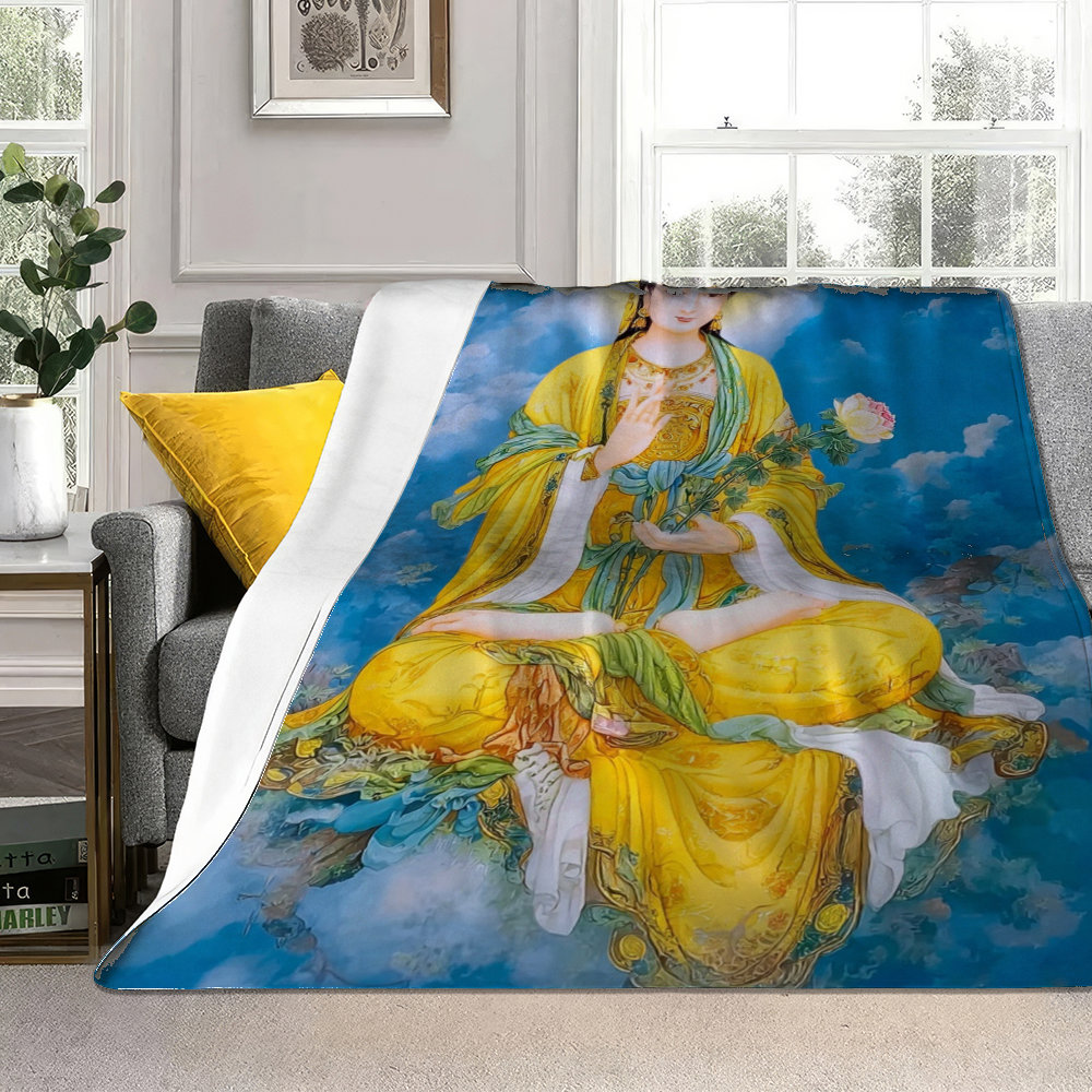 観音菩薩の絵柄がプリントされたフランネルブランケットは、オー - Home Textiles Images のレビューと価格