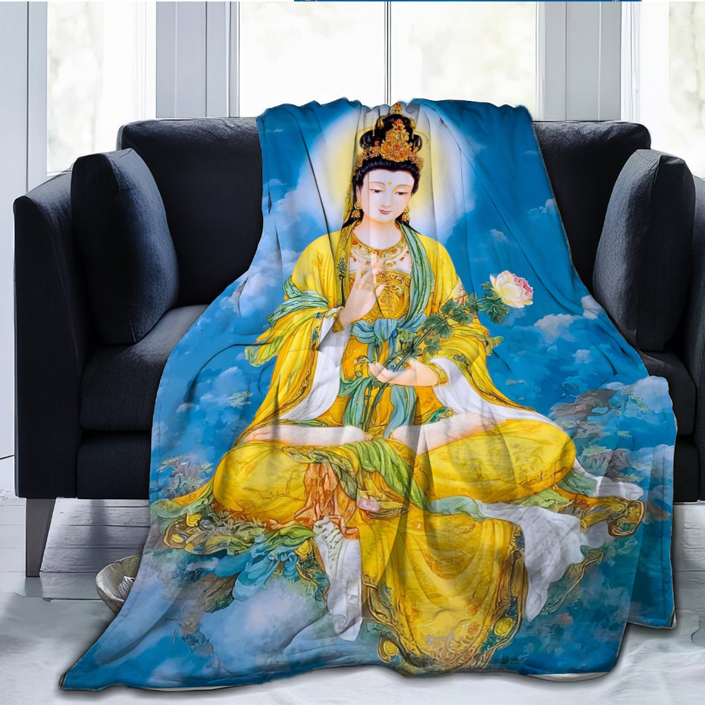 観音菩薩の絵柄がプリントされたフランネルブランケットは、オー - Home Textiles Images のレビューと価格