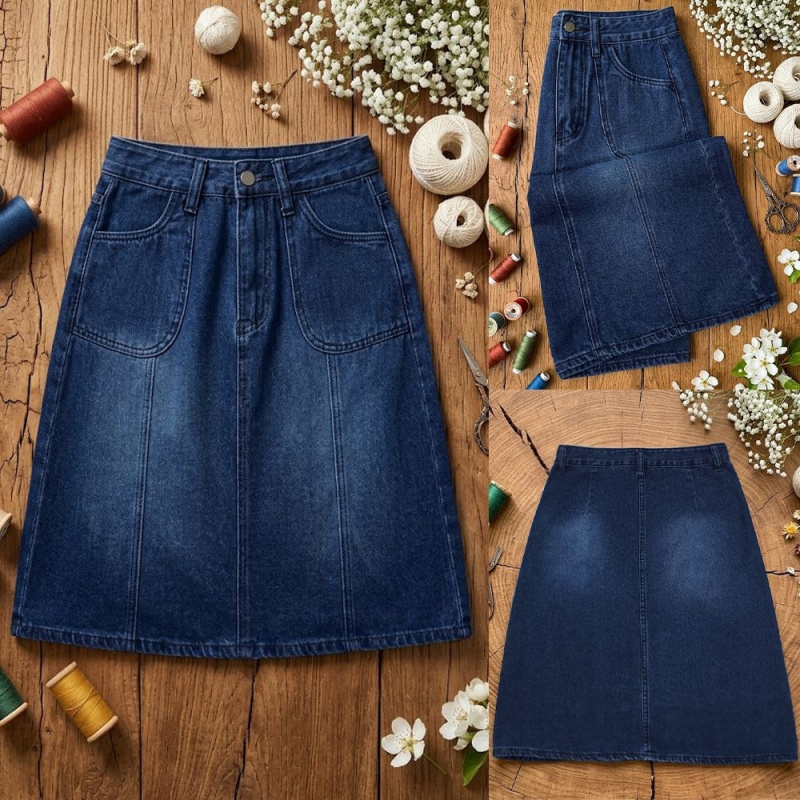 レディースハイウエストミドル丈Aラインデニムスカート レトロ - Quilt Cotton Summer のレビューと価格