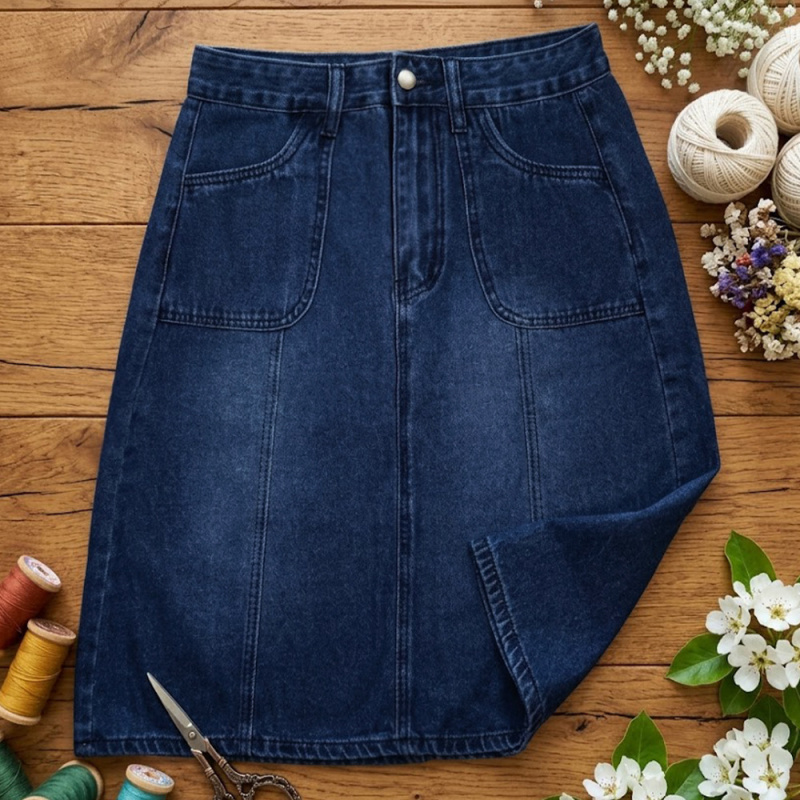 レディースハイウエストミドル丈Aラインデニムスカート レトロ - Quilt Cotton Summer のレビューと価格