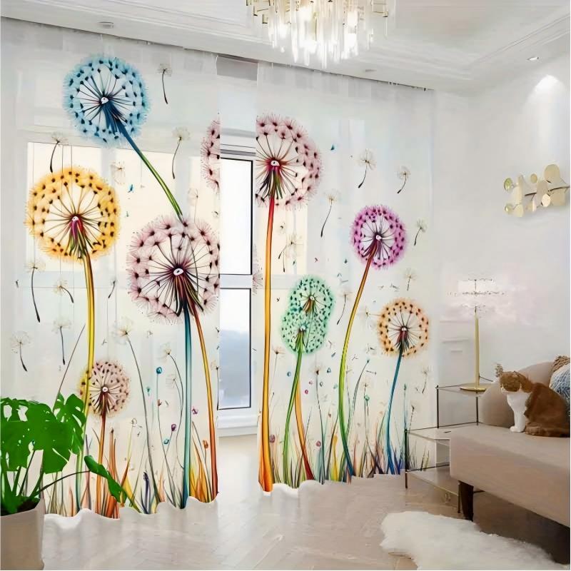 2枚組デジタルプリントシアーカーテン、カラフルなタンポポ、幻 - Curtain Sheer Voile のレビューと価格