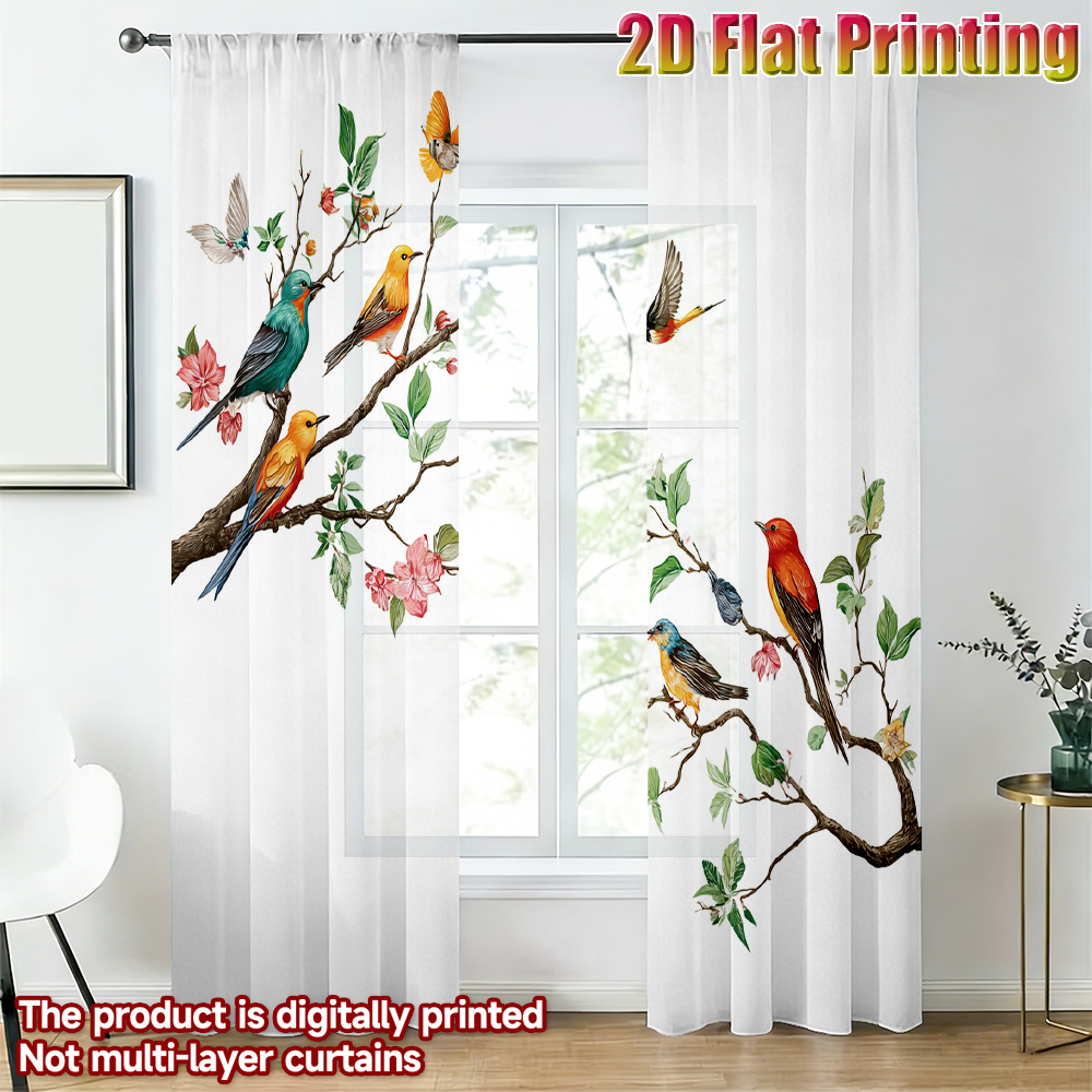 カラフルな鳥柄のシアーカーテン2枚組、花の枝や自然の植物柄、 - Curtain Sheer Voile のレビューと価格