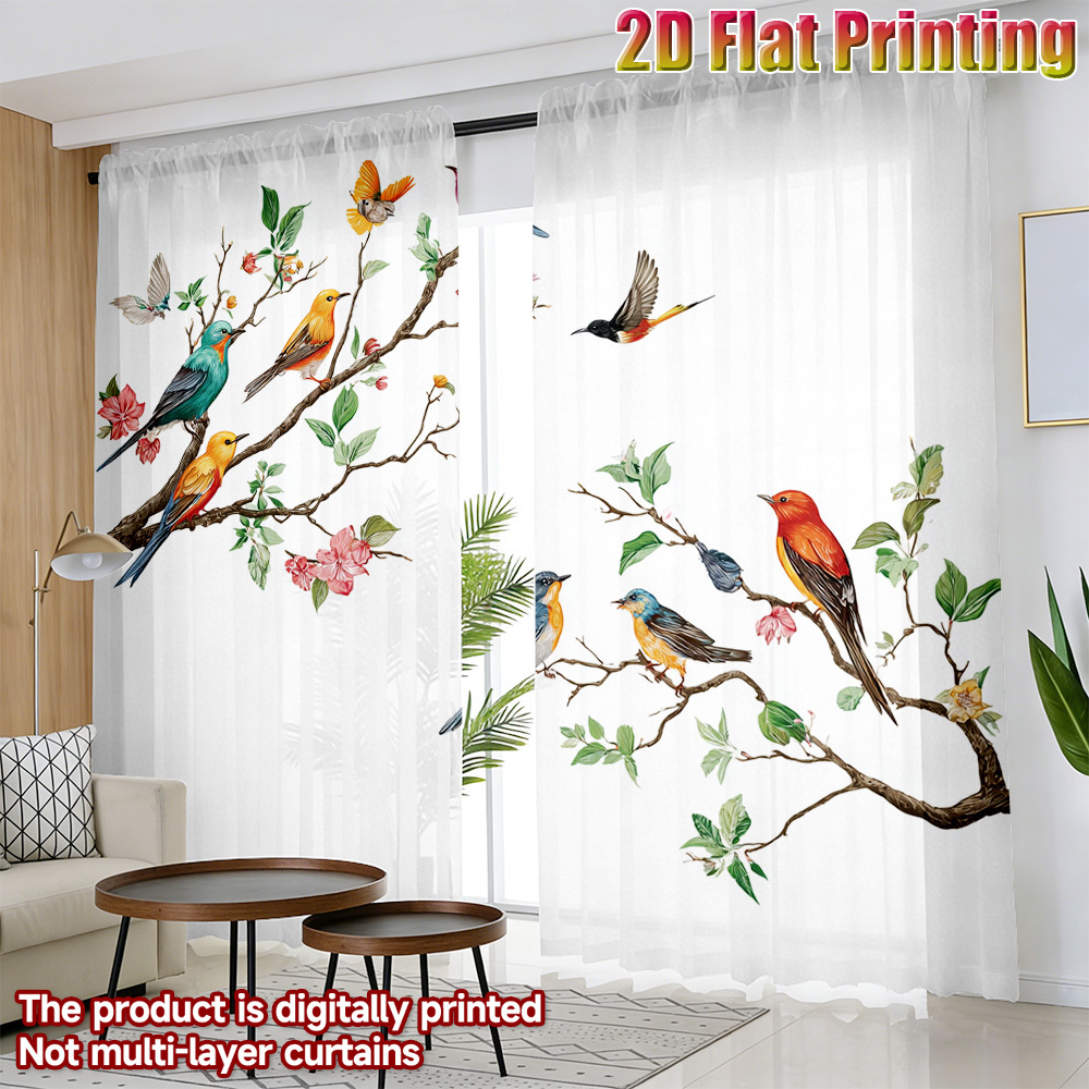 カラフルな鳥柄のシアーカーテン2枚組、花の枝や自然の植物柄、 - Curtain Sheer Voile のレビューと価格