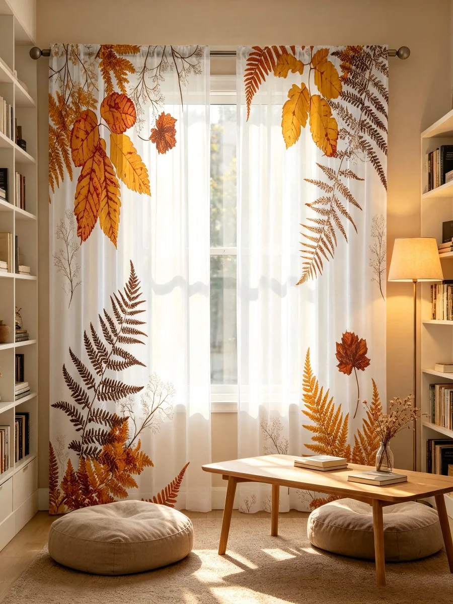 2枚組デジタルプリントシアーカーテン、秋の雑草、秋の自然植物 - Curtain Sheer Voile のレビューと価格
