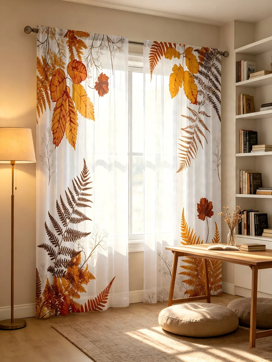 2枚組デジタルプリントシアーカーテン、秋の雑草、秋の自然植物 - Curtain Sheer Voile のレビューと価格
