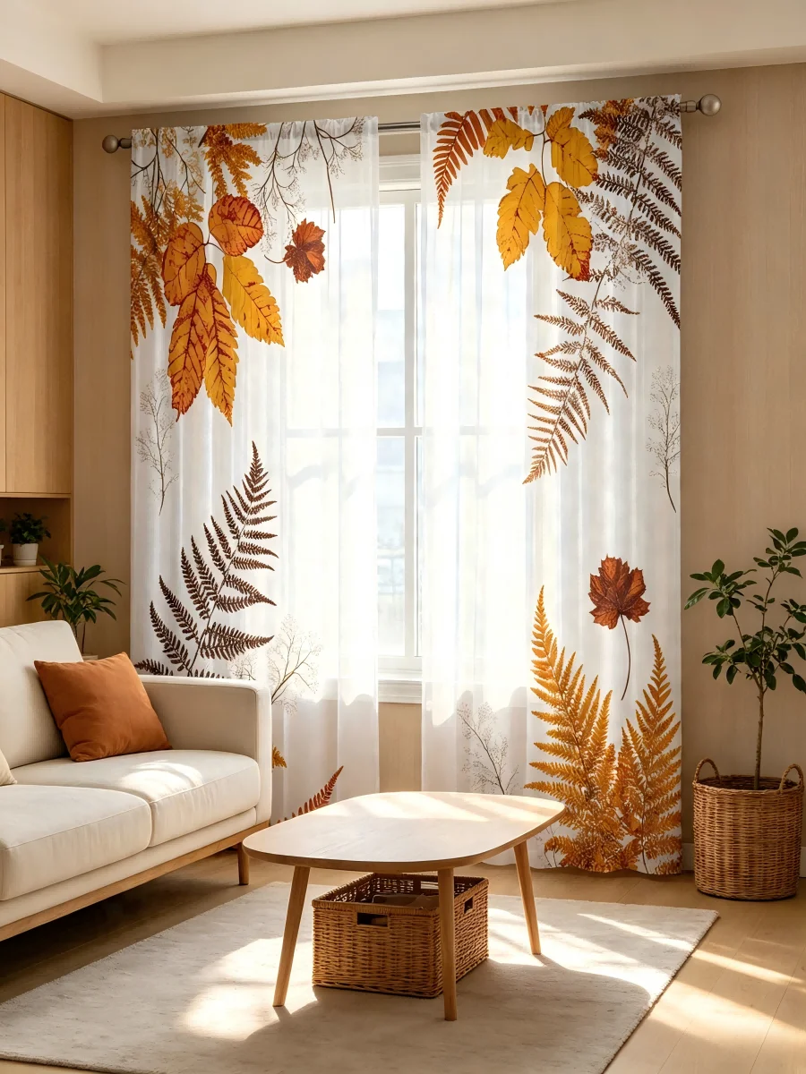 2枚組デジタルプリントシアーカーテン、秋の雑草、秋の自然植物 - Curtain Sheer Voile のレビューと価格