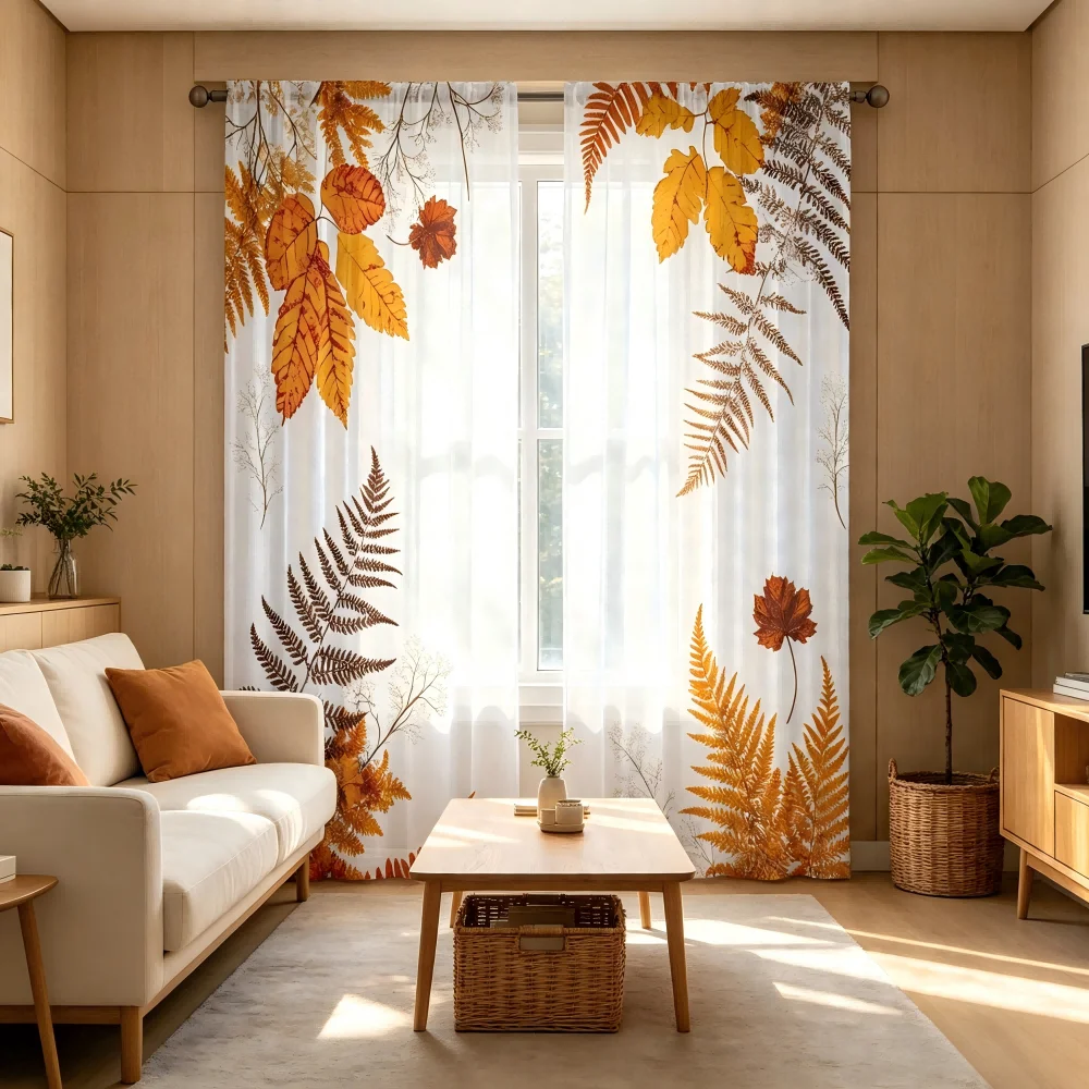 2枚組デジタルプリントシアーカーテン、秋の雑草、秋の自然植物 - Curtain Sheer Voile のレビューと価格