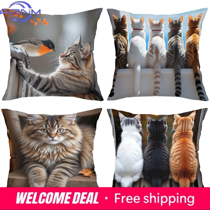 かわいい猫の枕、さまざまな猫の画像が入った家庭用ポリエステル - Home Textiles Images のレビューと価格