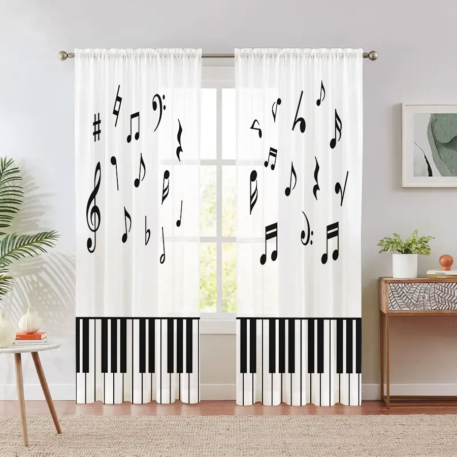2枚組デジタルプリントシアーカーテン、ピアノ音符、エレガント - Curtain Sheer Voile のレビューと価格