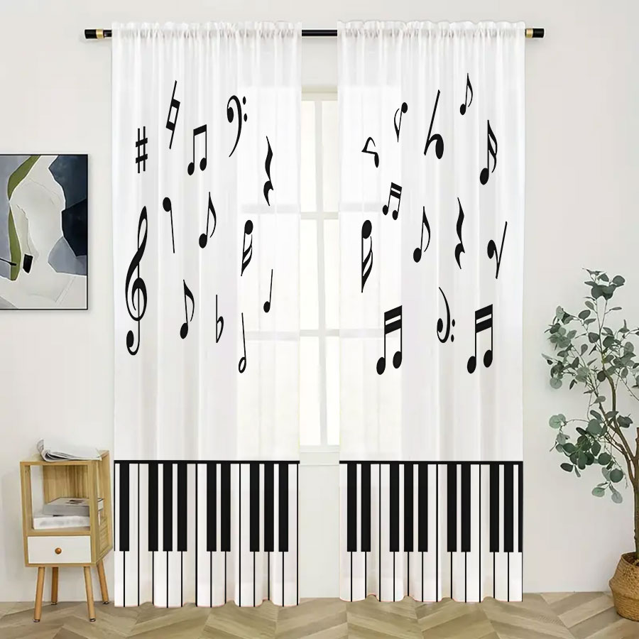 2枚組デジタルプリントシアーカーテン、ピアノ音符、エレガント - Curtain Sheer Voile のレビューと価格