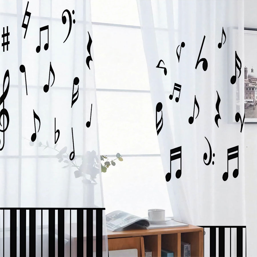 2枚組デジタルプリントシアーカーテン、ピアノ音符、エレガント - Curtain Sheer Voile のレビューと価格